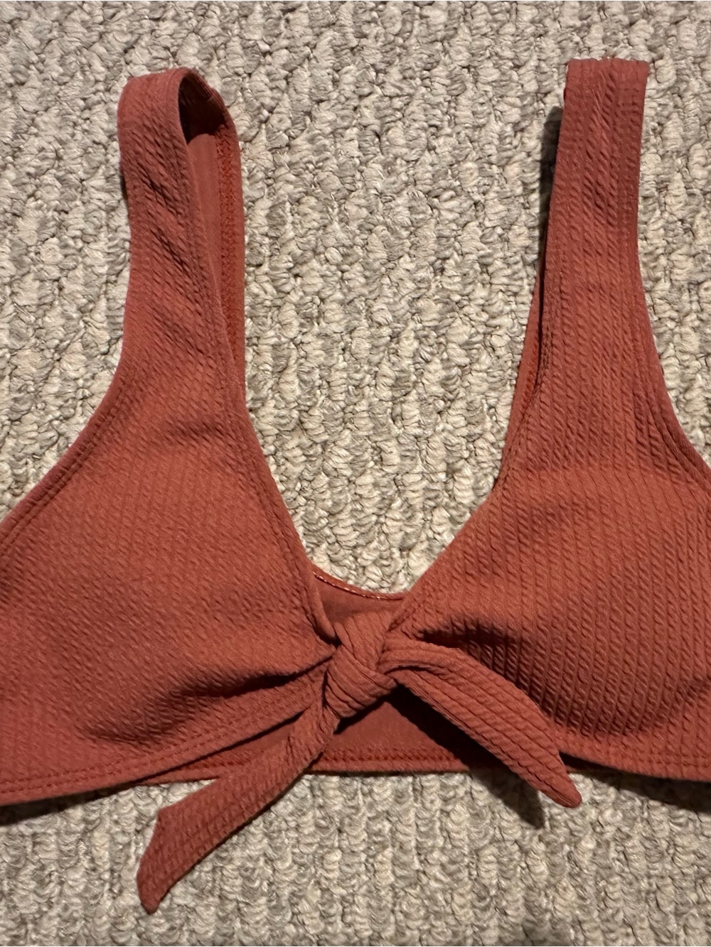 SHEIN Rust Orange Textured Tie-Front Bikini Top